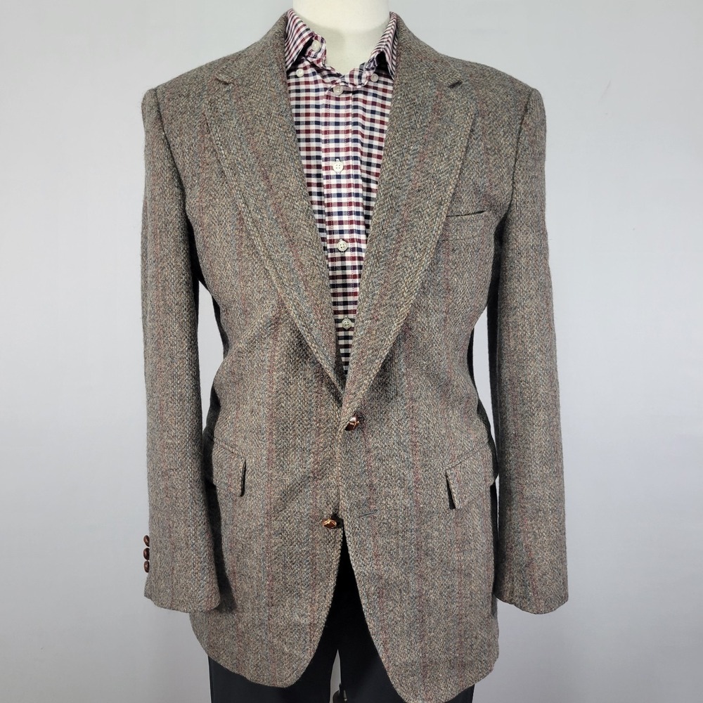 VTG Hunting Horn Men's‎ Tweed Sport Coat Blazer Two Button Striped Brown 42R